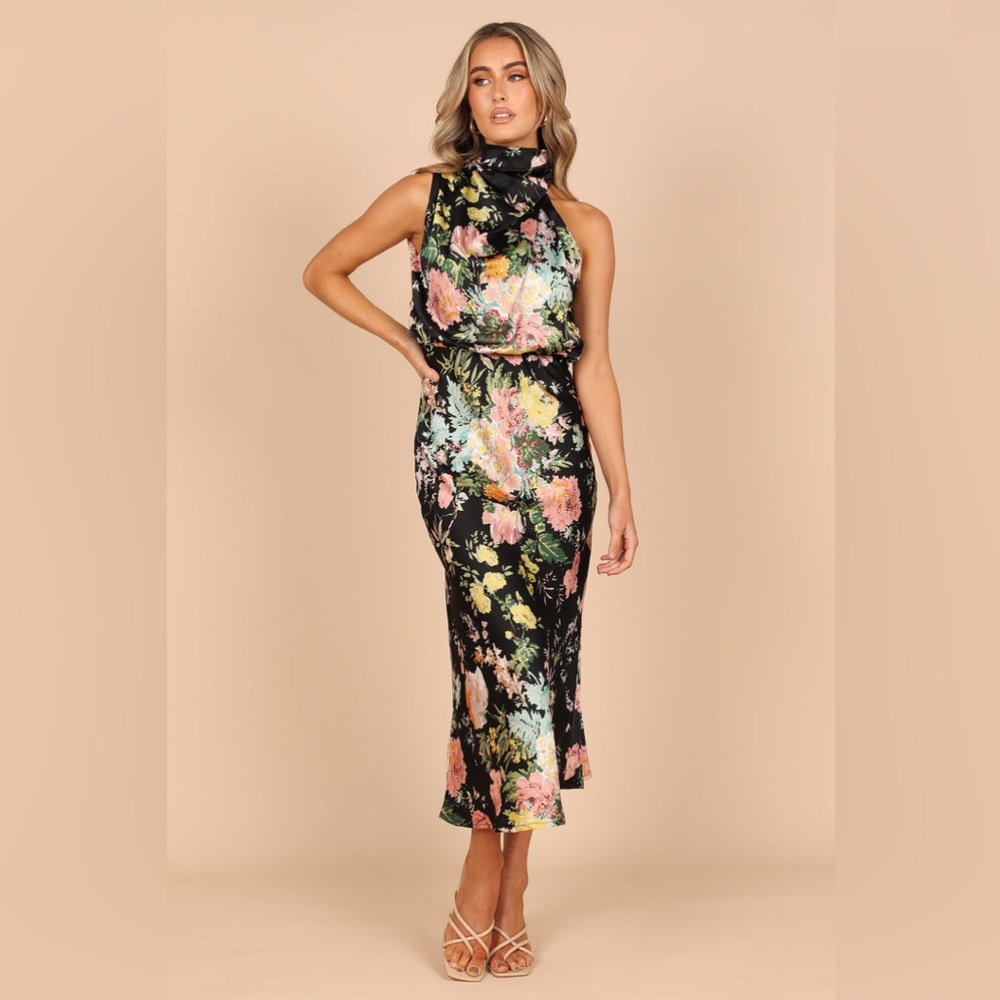 Petal & Pup Black Floral Midi Dress with Pink and Mint Accents